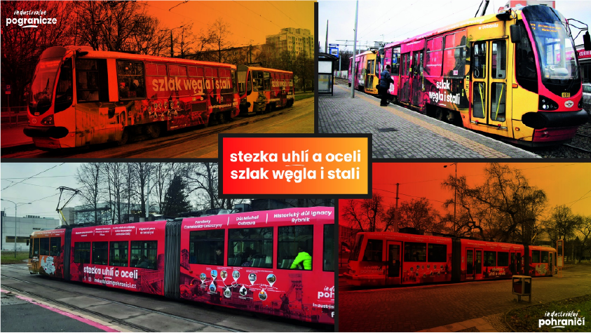 Celoplošné polepy tramvají v české a polské variantě propagující industriální památky Moravskoslezského kraje a Slezského vojvodství.